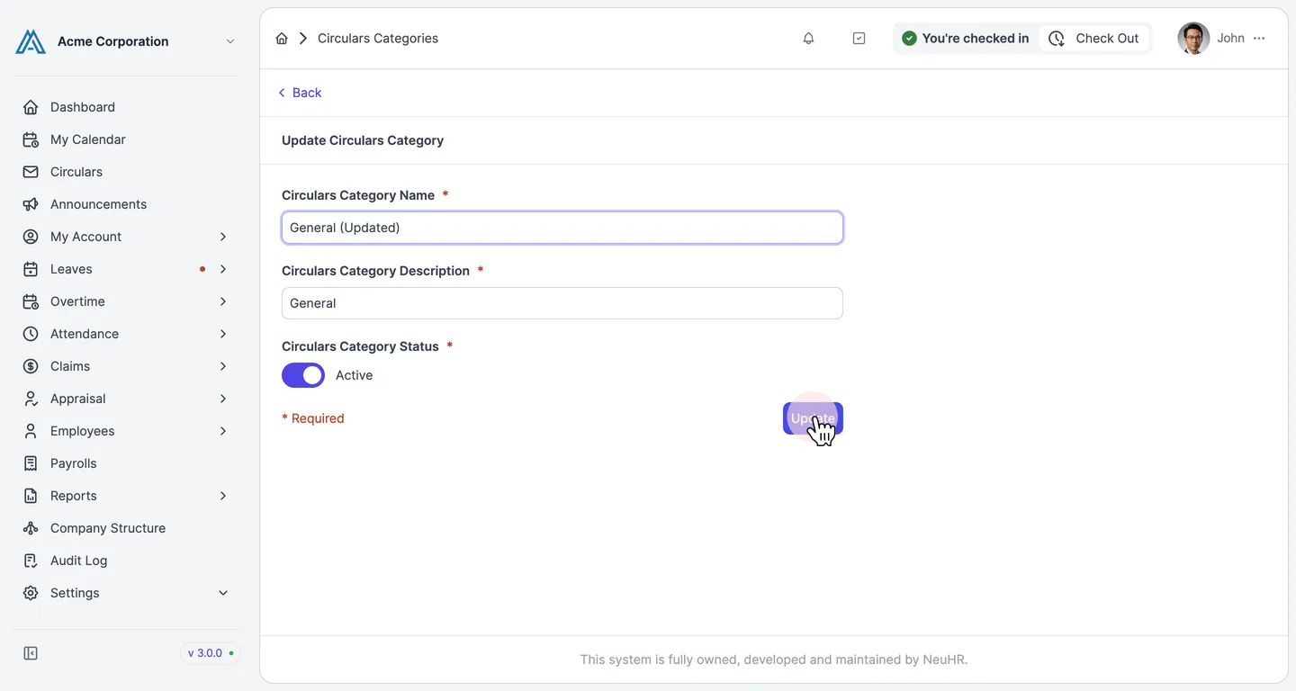 Edited form with updated name and Update button highlighted