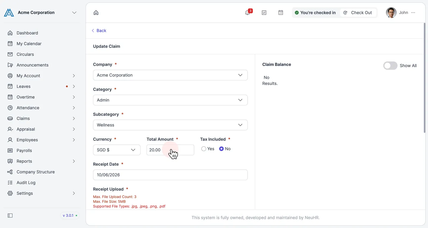 Update Claim form showing Company, Category, Subcategory, Total Amount, Tax Included, and Receipt Date fields