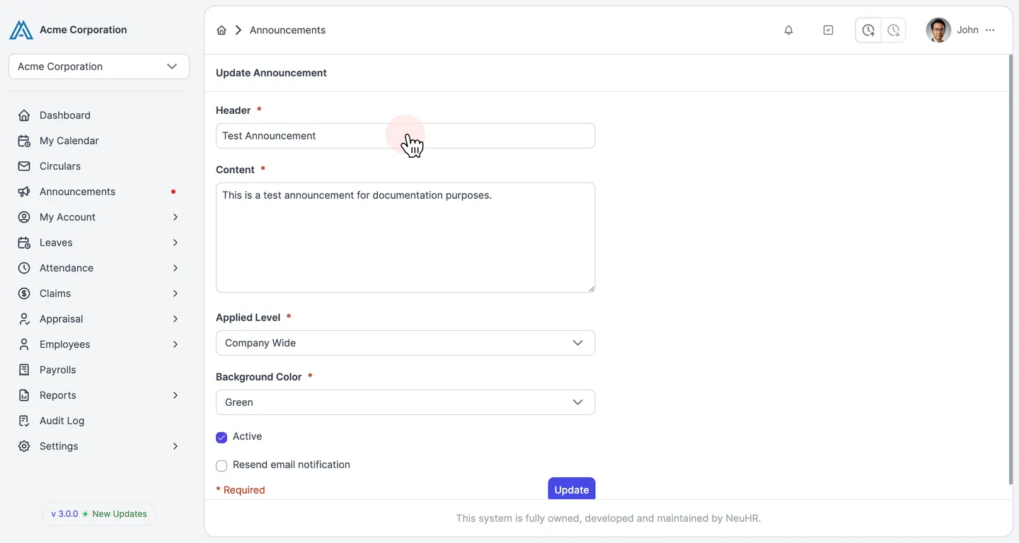 Update Announcement Form