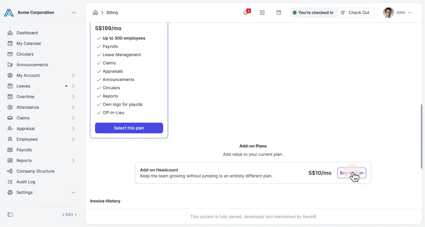 Add-on Plans section with the Add-on Headcount card and Buy Add-on button