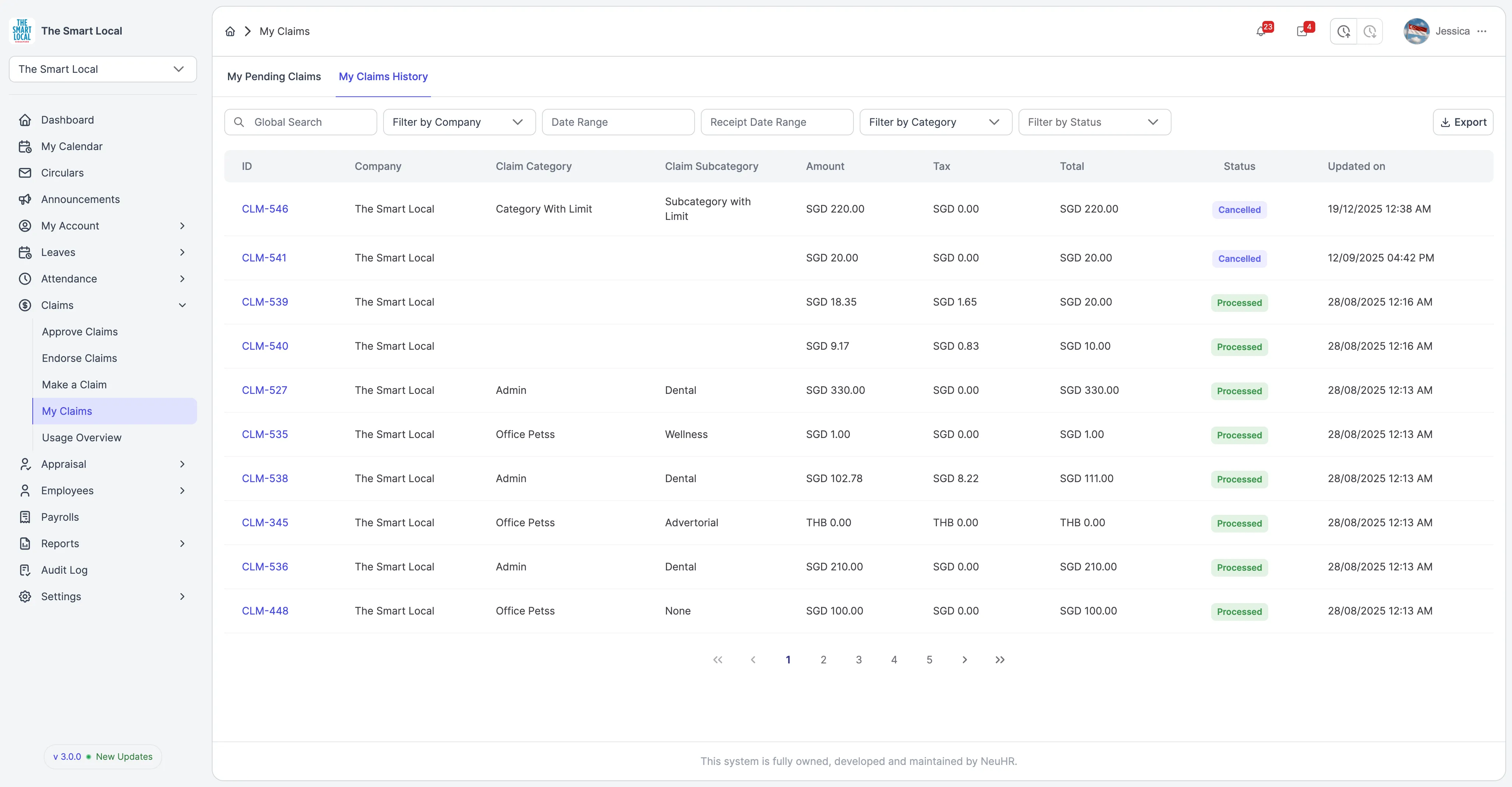 Select My Claims History Tab