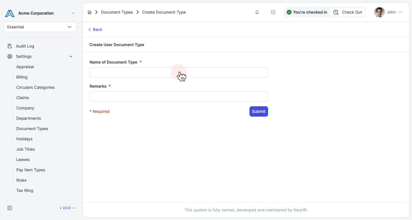 Create User Document Type form with Name field