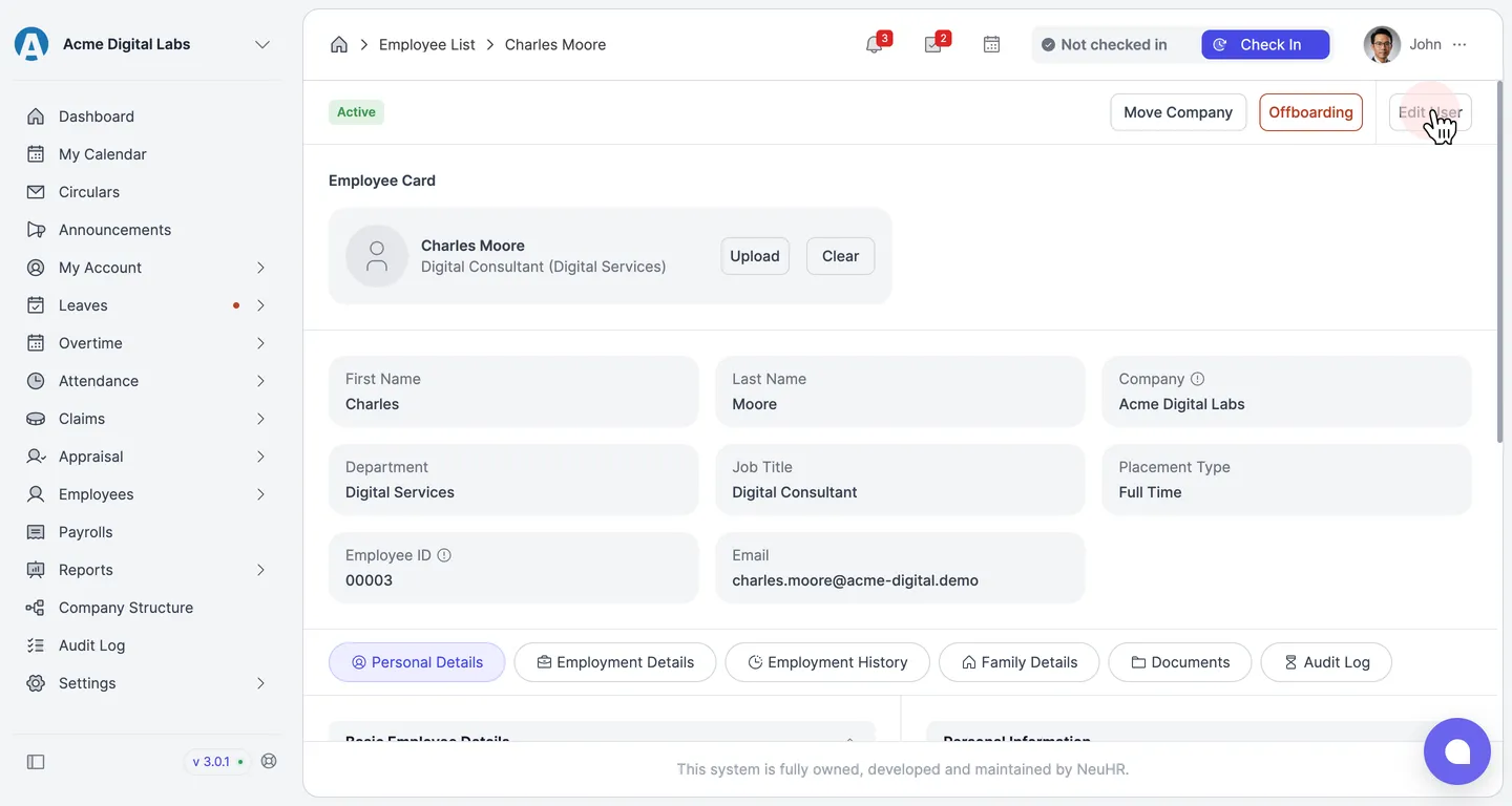 Employee profile with the Edit User button