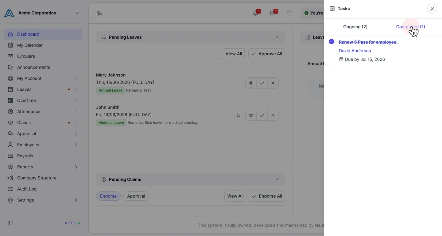 Task moved to the Completed tab