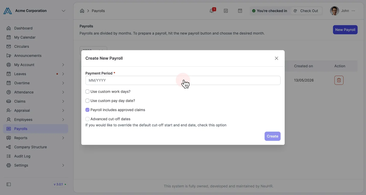 Create New Payroll dialog