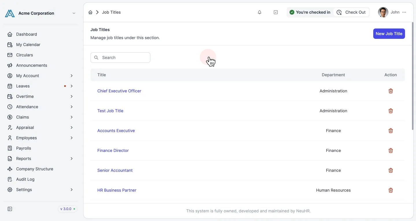 Job Titles listing after deletion with success notification