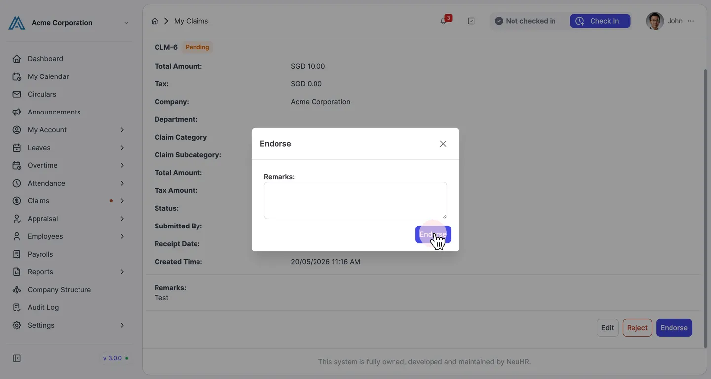 Endorse confirmation dialog with Remarks field