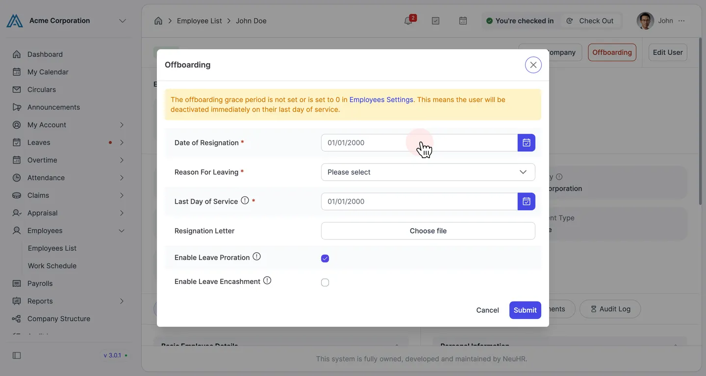 Offboarding dialog with pointer on the Date of Resignation field