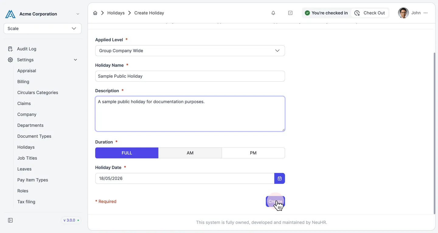 Filled Create Holiday form with Create button