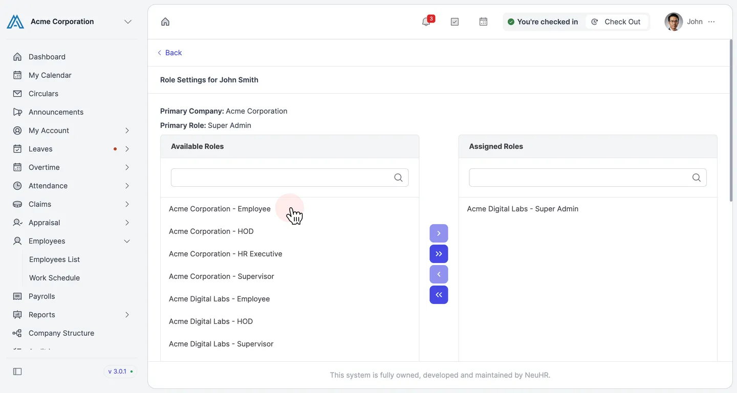 Role Settings page showing Available Roles on the left and Assigned Roles on the right