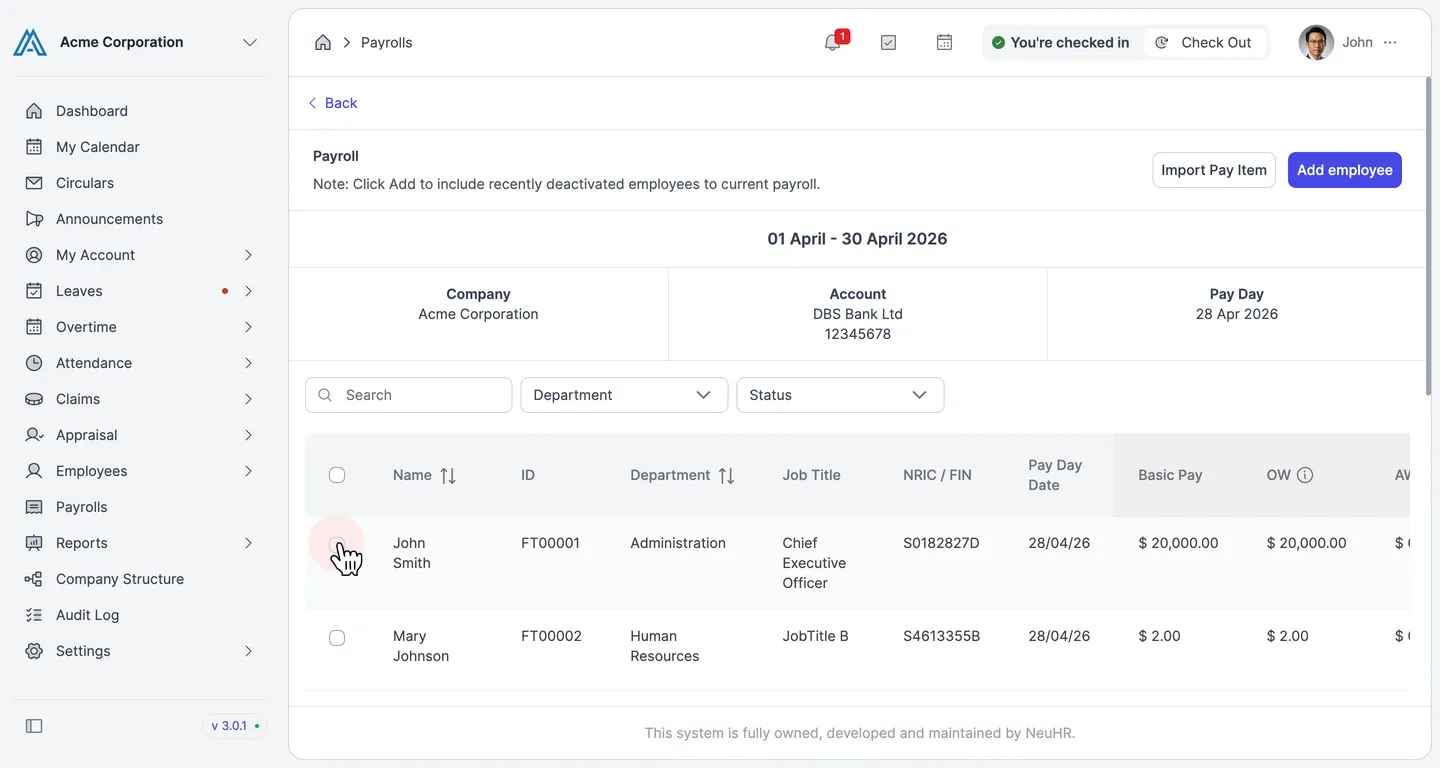 Select employee checkboxes