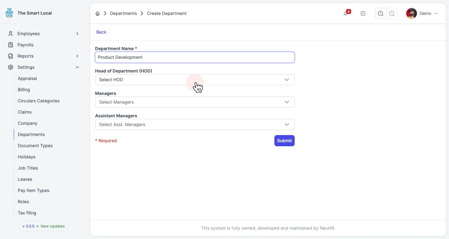 Fill in department details