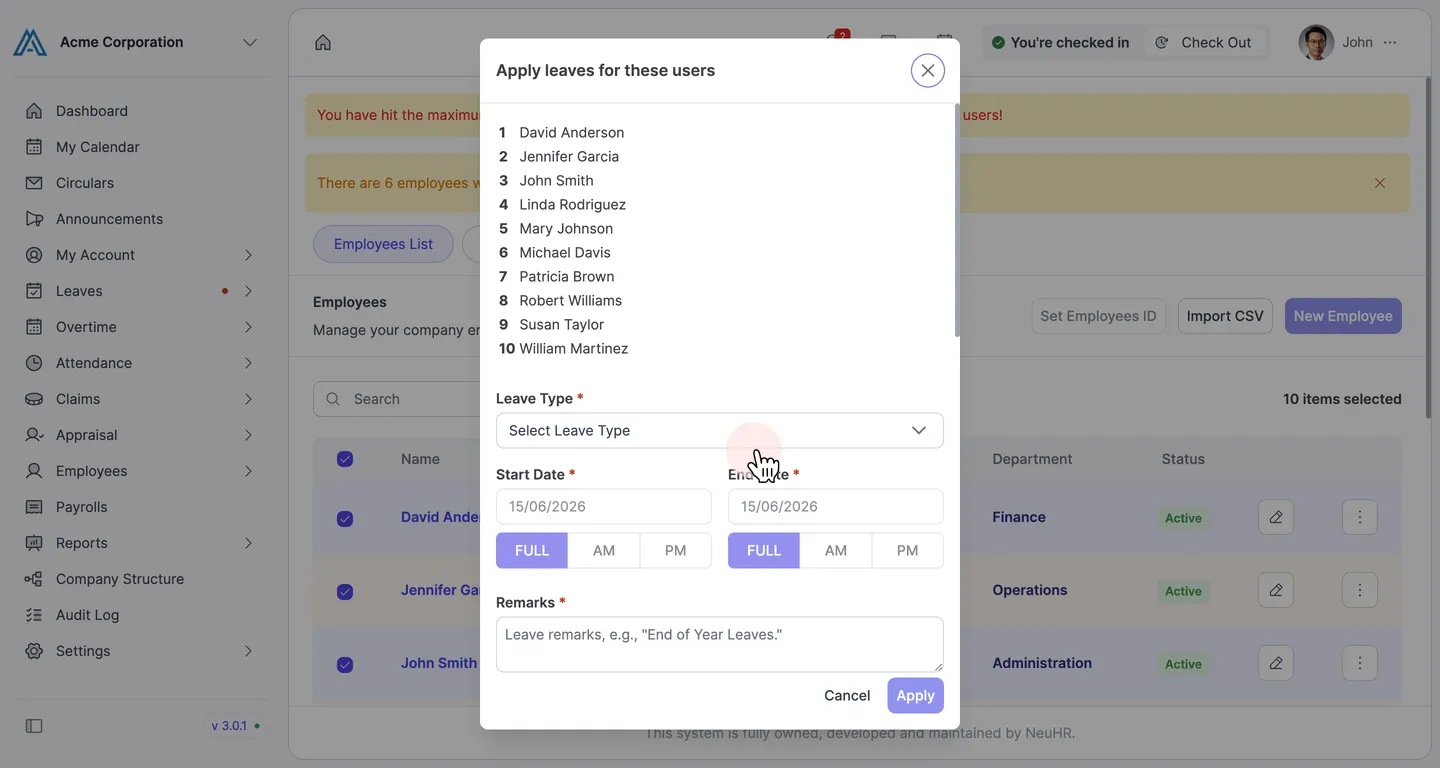 Apply leaves for these users dialog with list of selected employees and Leave Type dropdown