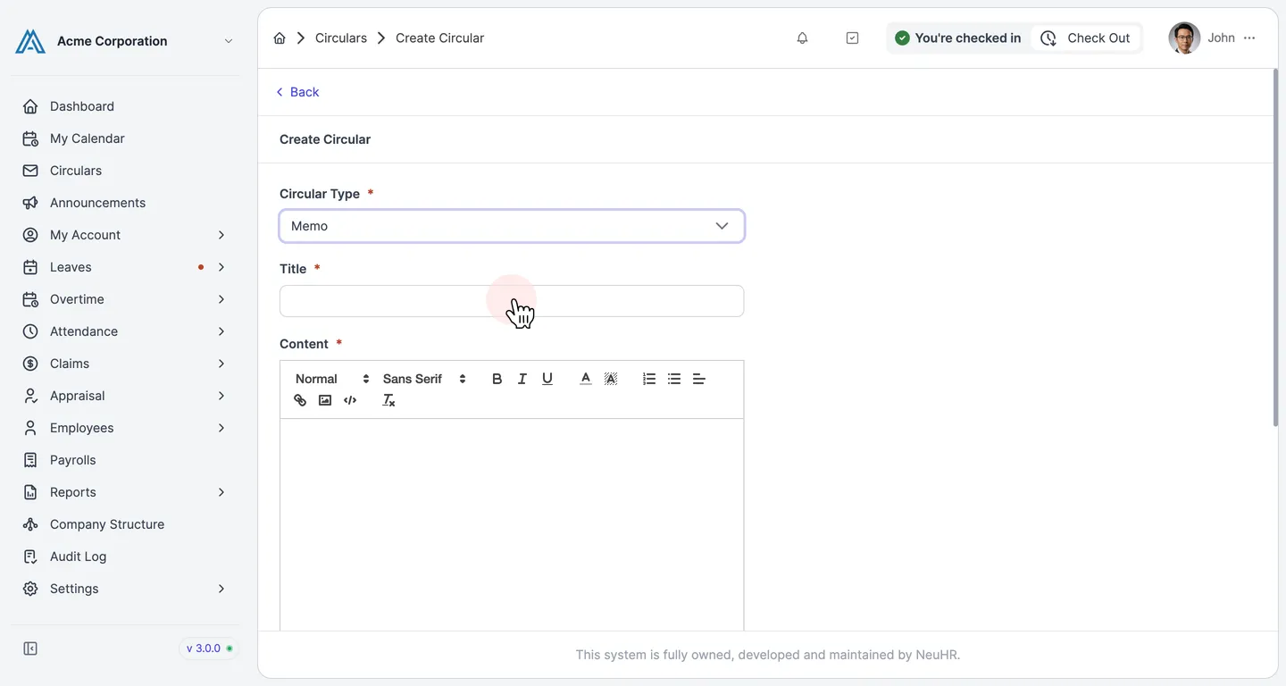Create Circular form with Memo type and rich text Content editor