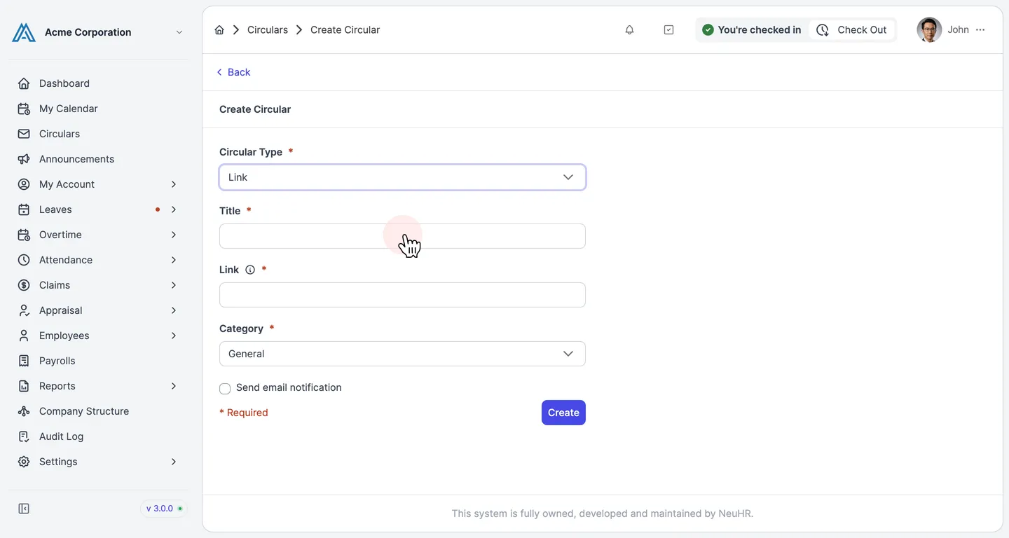 Create Circular form with Link type showing Title and URL fields