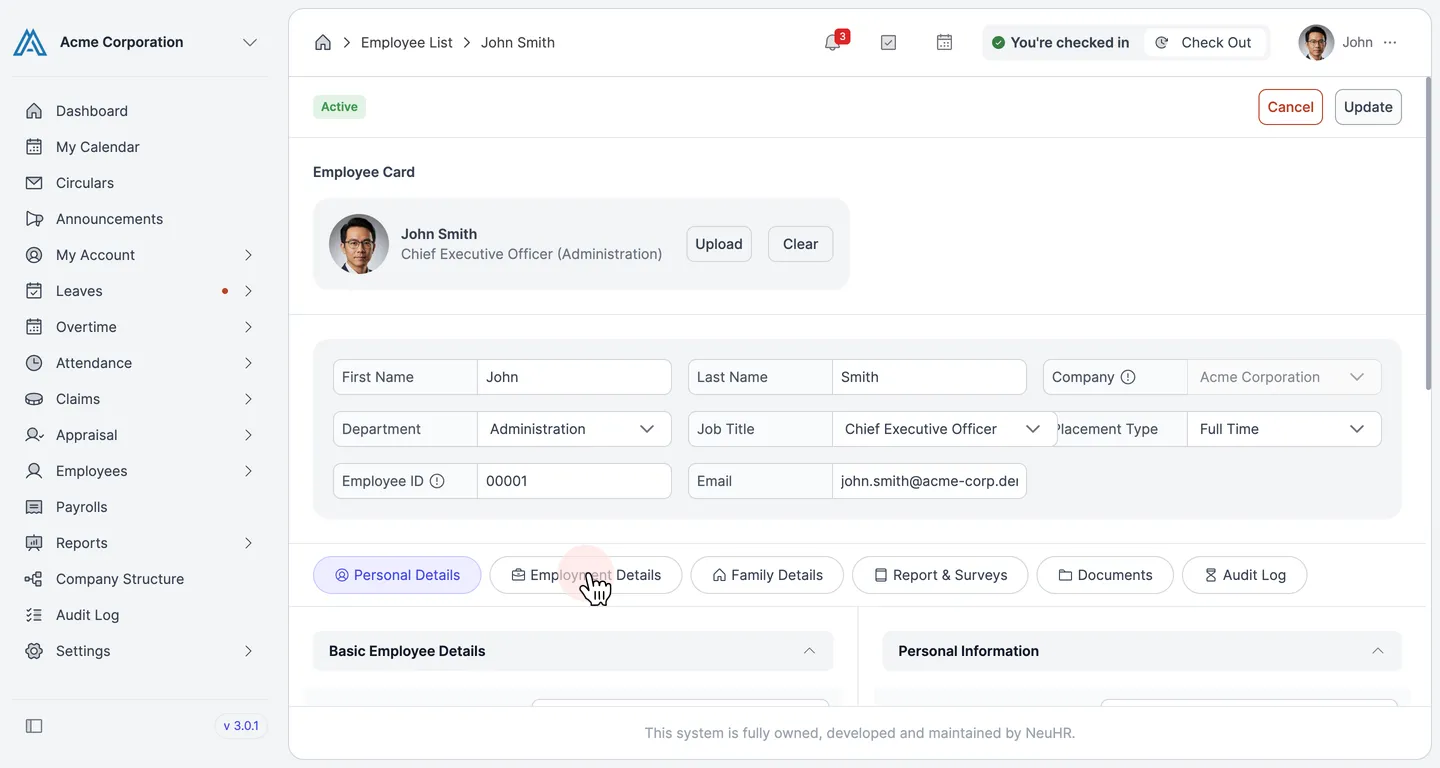Employment Details tab
