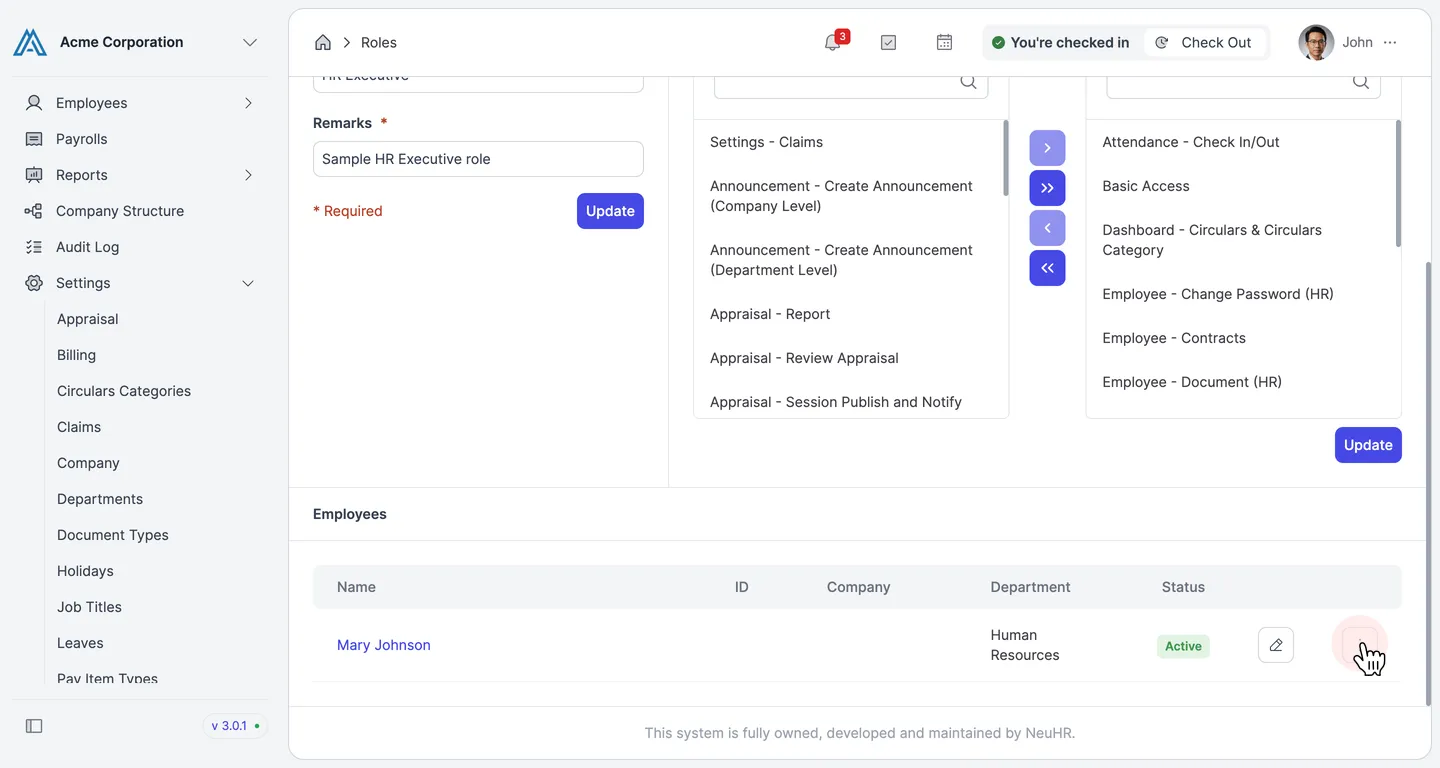 Employees section of the role page showing Mary Johnson with the three-dot action button highlighted