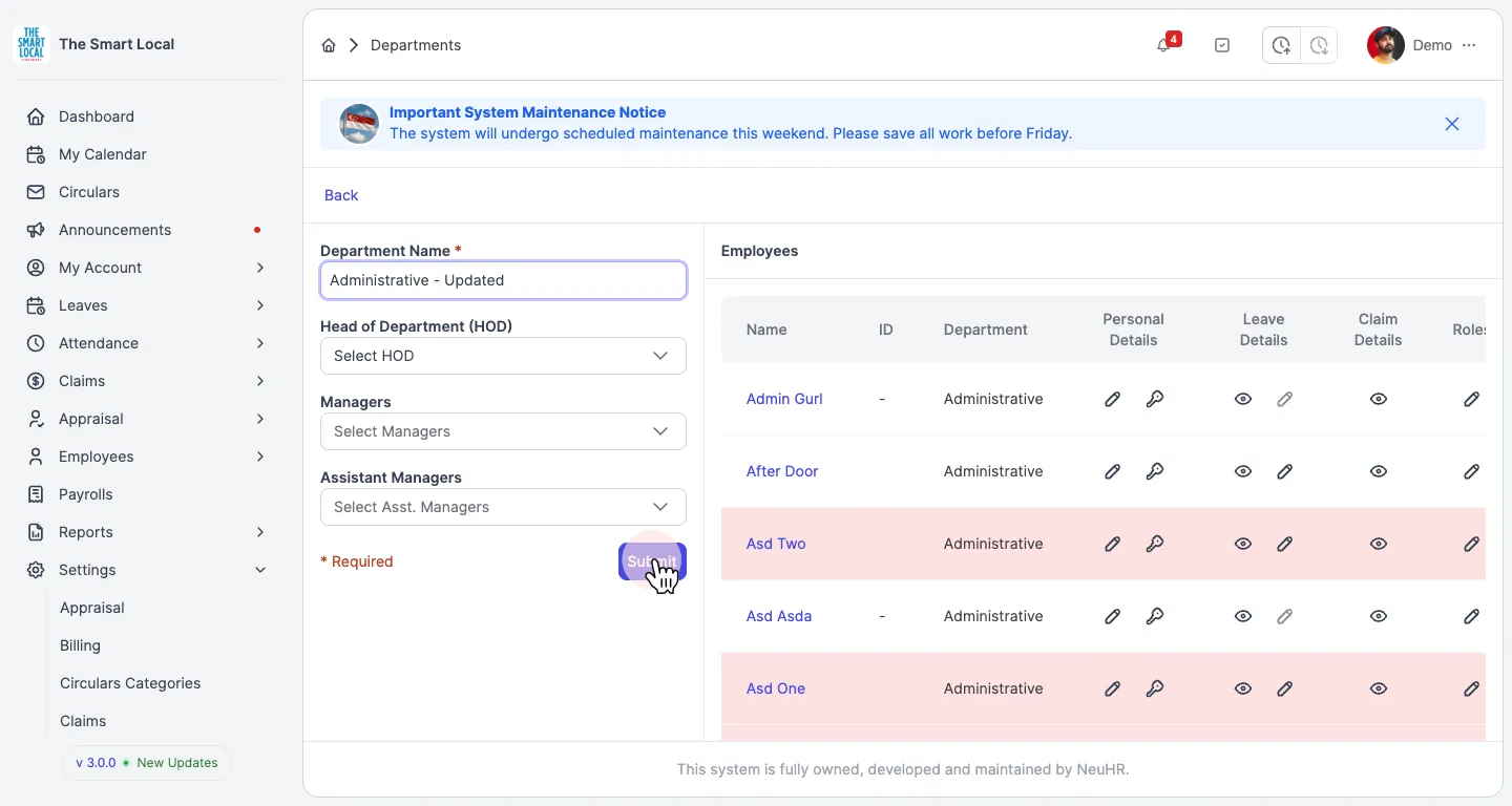 Update department form