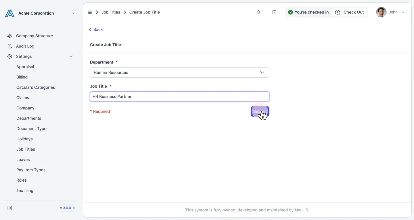 Filled Create Job Title form with Submit button highlighted