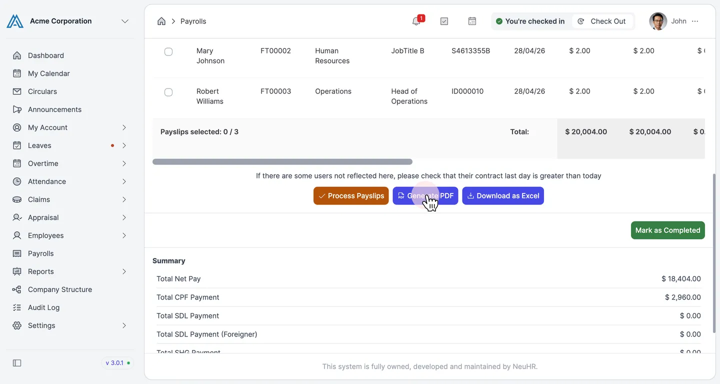 Click the Generate PDF button at the bottom of the payroll page