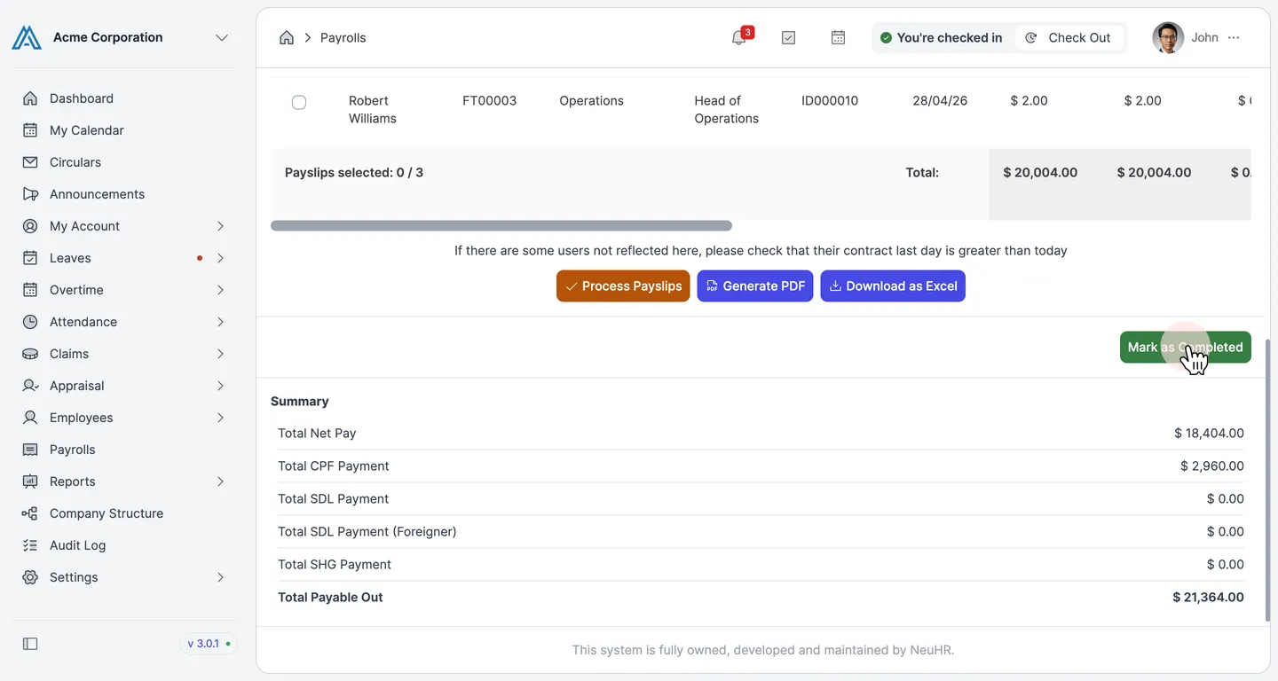 Payroll page scrolled down showing the Mark as Completed button and Summary section