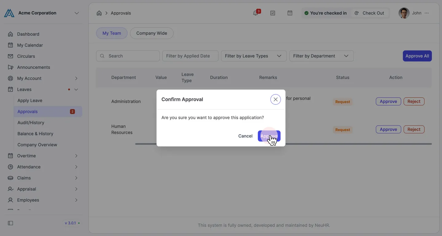 The Confirm Approval dialog with the Approve button highlighted