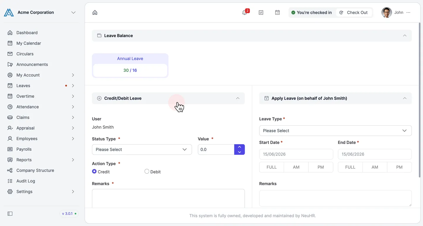 Leave Credit Status page showing the employee's current Leave Balance and the Credit/Debit Leave form