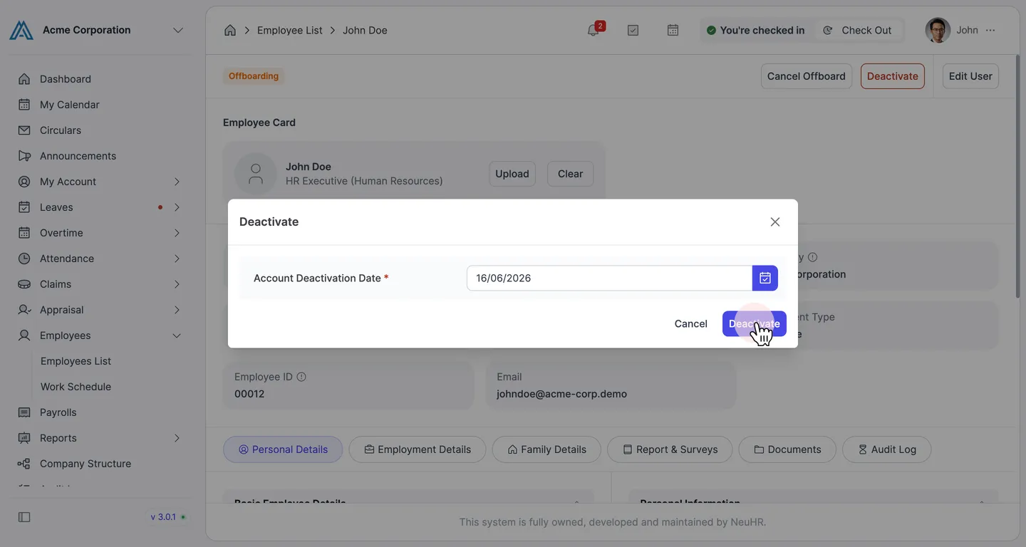 Deactivate dialog with date filled in and pointer on the Deactivate confirm button