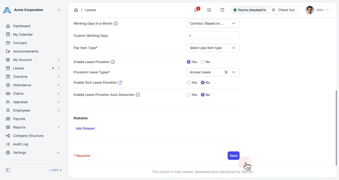 Bottom of Leave Settings page showing Rulesets section and Save button
