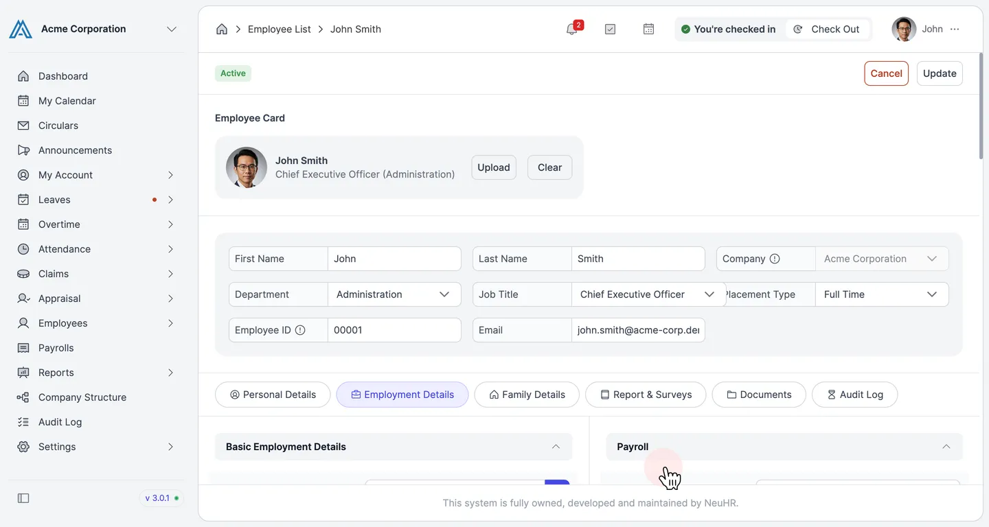 Employment Details tab with Payroll section visible — scroll down to find Benefits