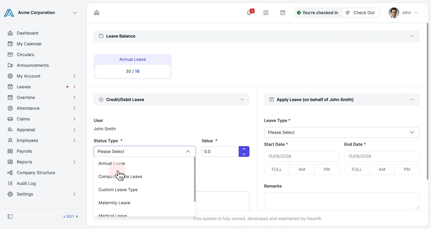 Status Type dropdown open showing available leave types such as Annual Leave, Medical Leave, and others