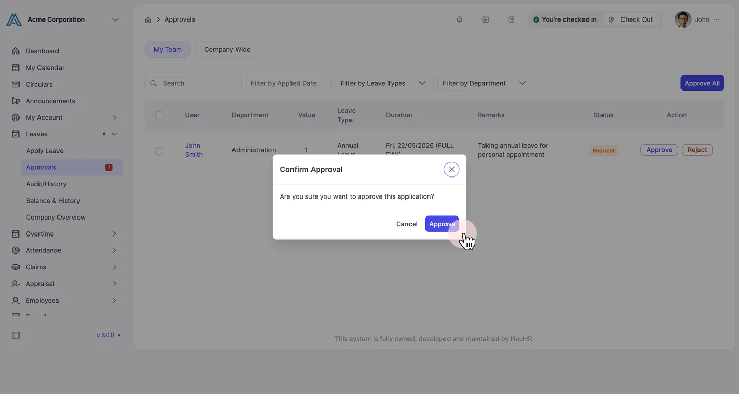Click Approve in the Confirm Approval dialog
