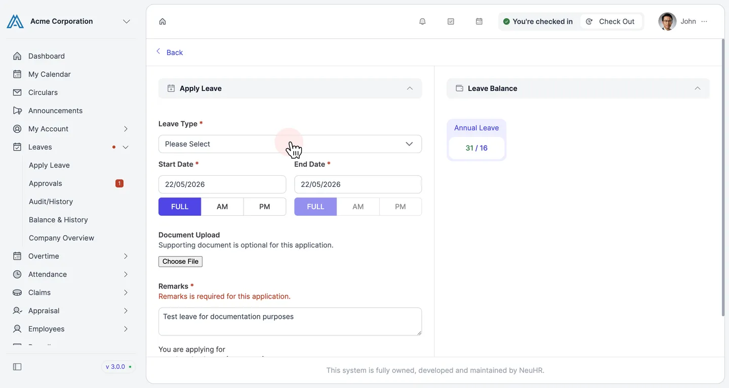Update form showing current leave details
