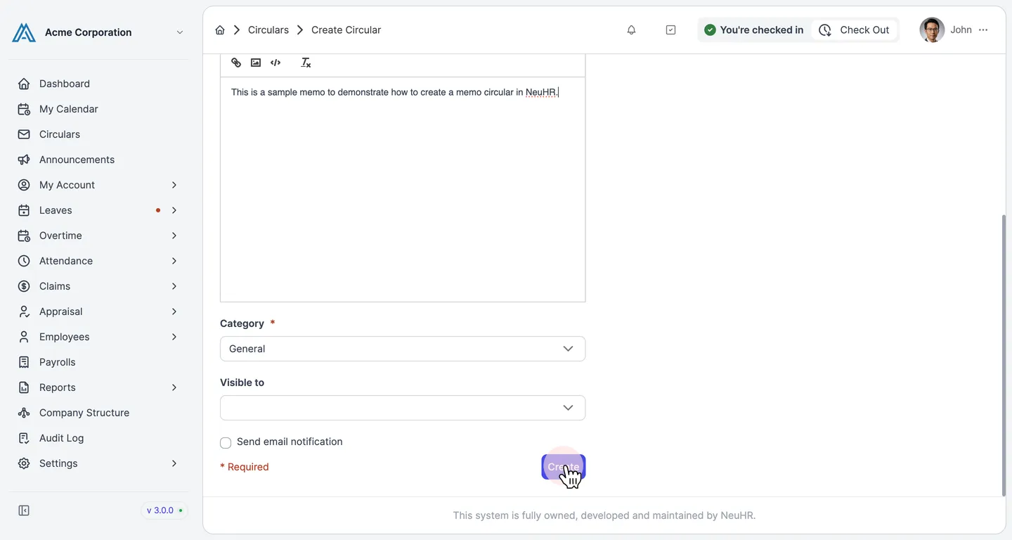 Filled Memo form with Create button