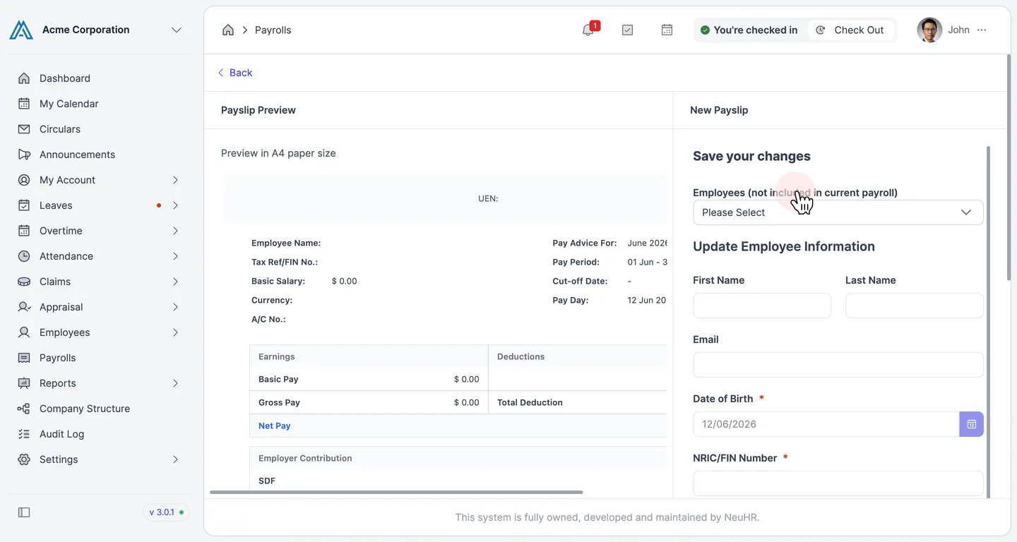 Select employee and fill in payslip details