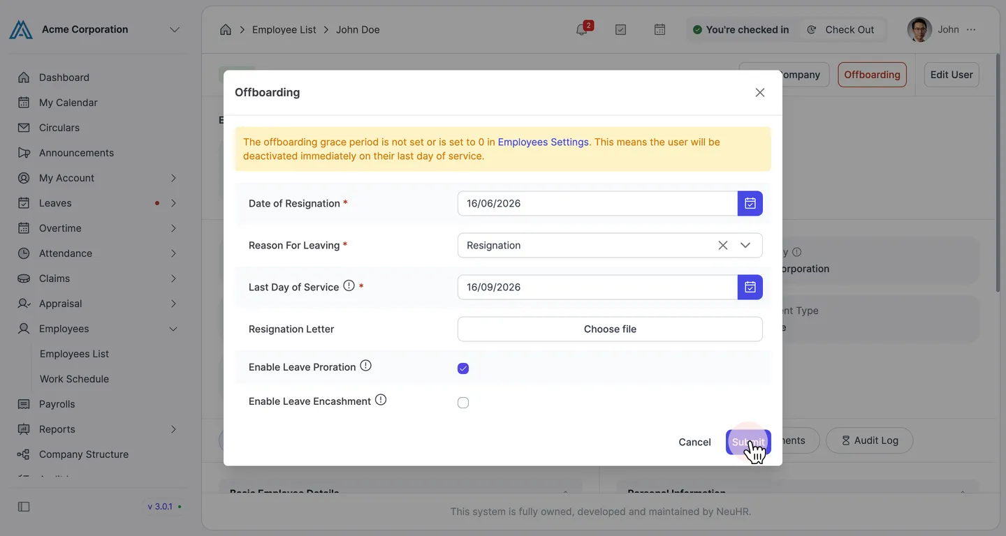 Filled Offboarding dialog with pointer on the Submit button