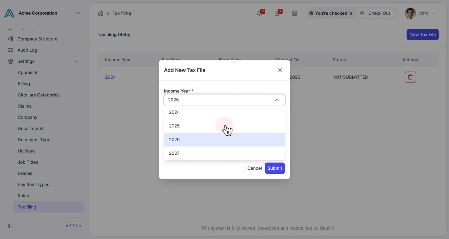 Select 2025 from Income Year dropdown