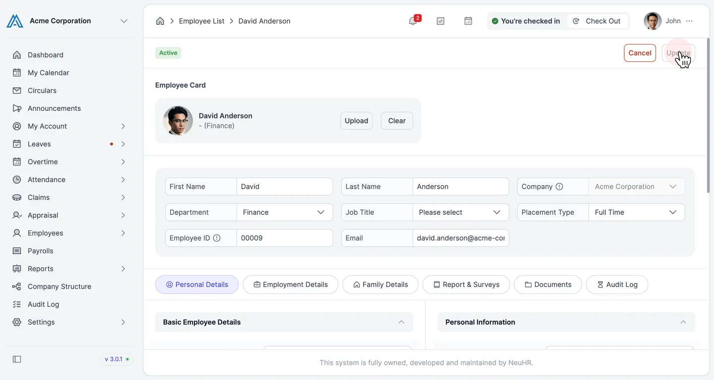 Update Employee form with Update button highlighted