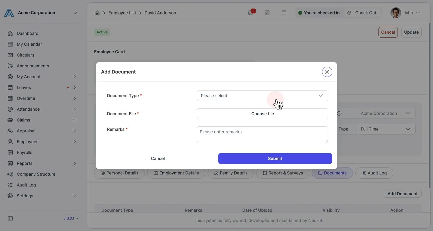 Add Document dialog with Document Type dropdown highlighted