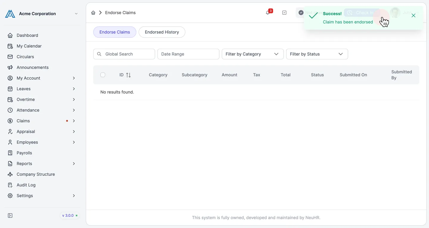 Success notification after endorsing the claim