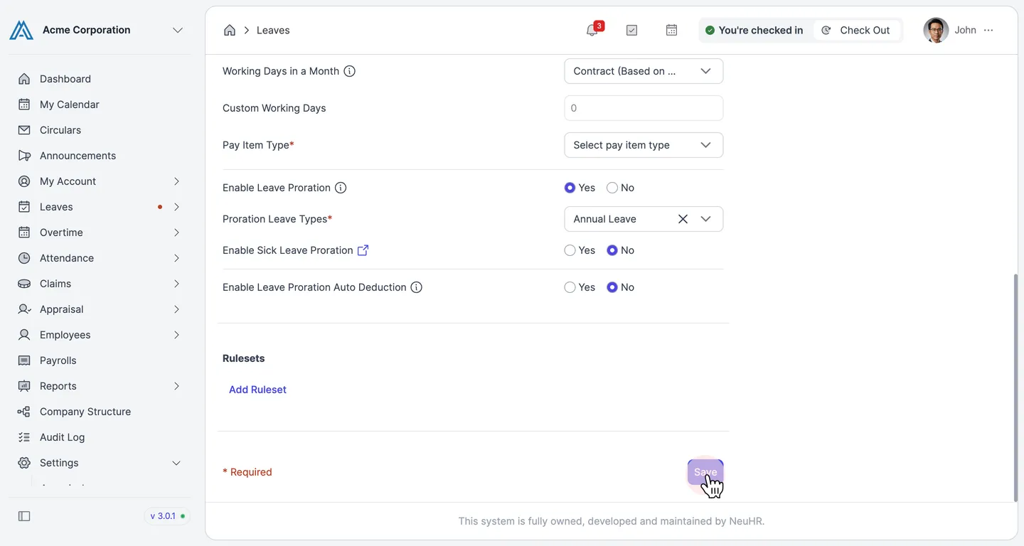 The bottom of the Leave Settings page with the Save button highlighted