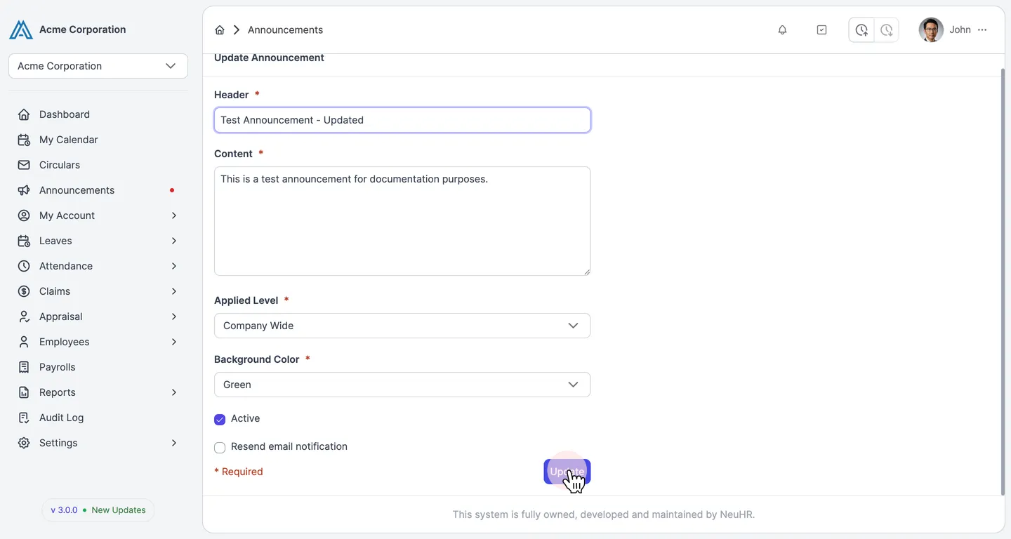 Submit Updated Announcement