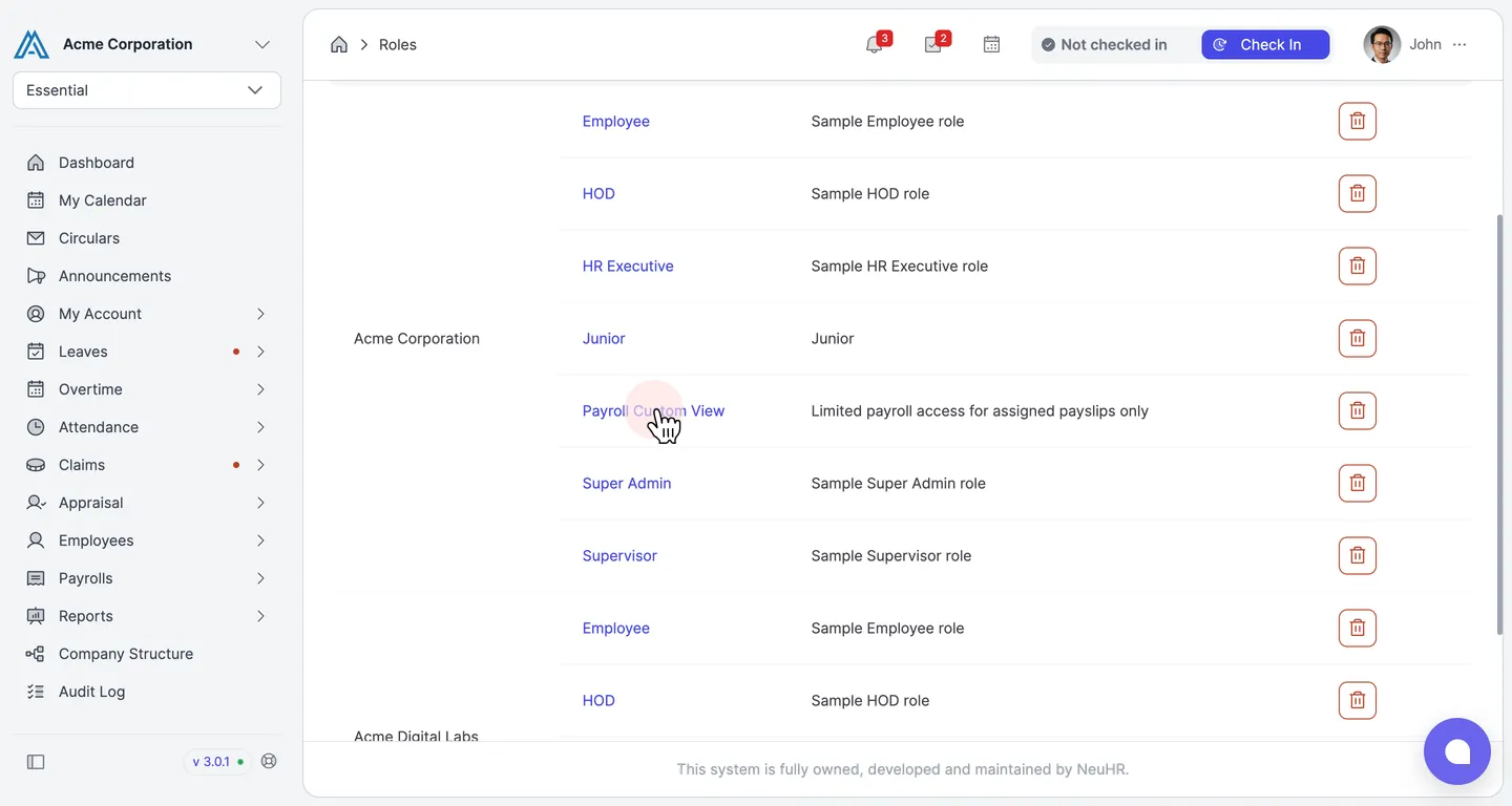 Roles list showing the new Payroll Custom View role