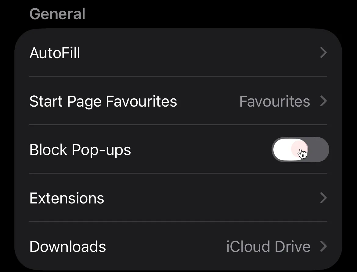 Turn off Block Pop-ups in Safari settings