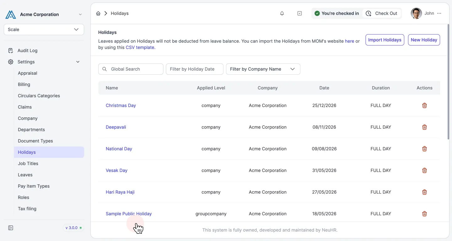 Holidays list showing the newly created holiday