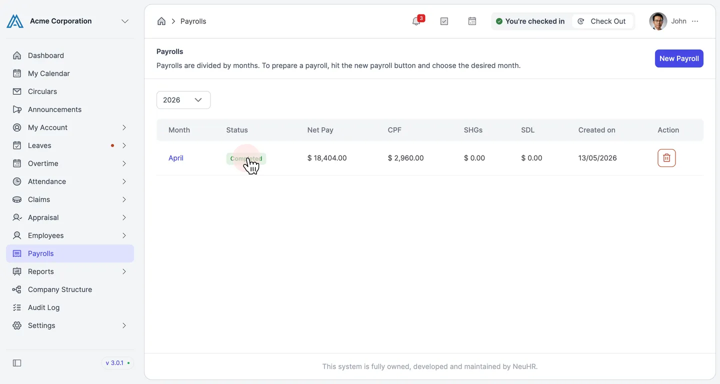 Payrolls list showing April with a green Completed status badge