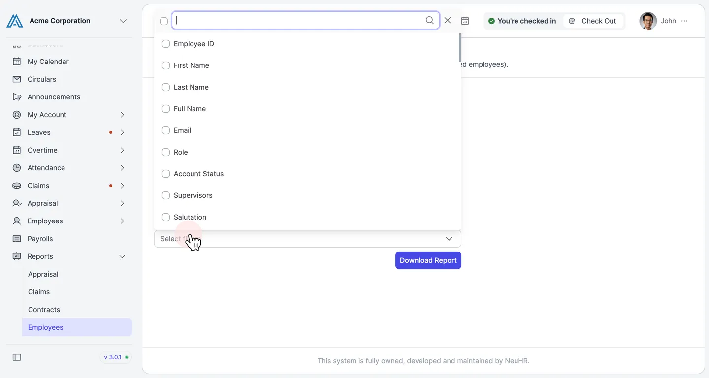 Select employee information fields