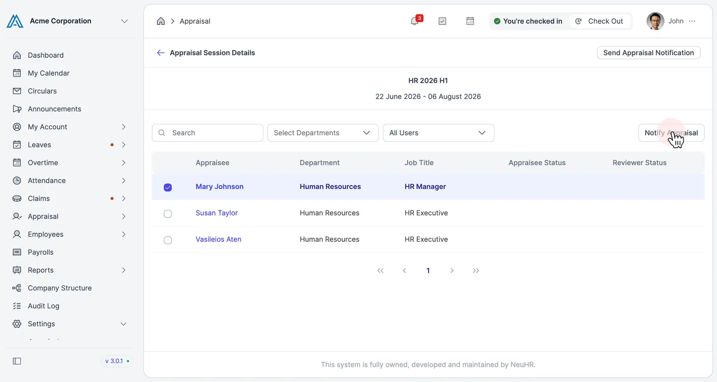 Select employees and click Notify Appraisal
