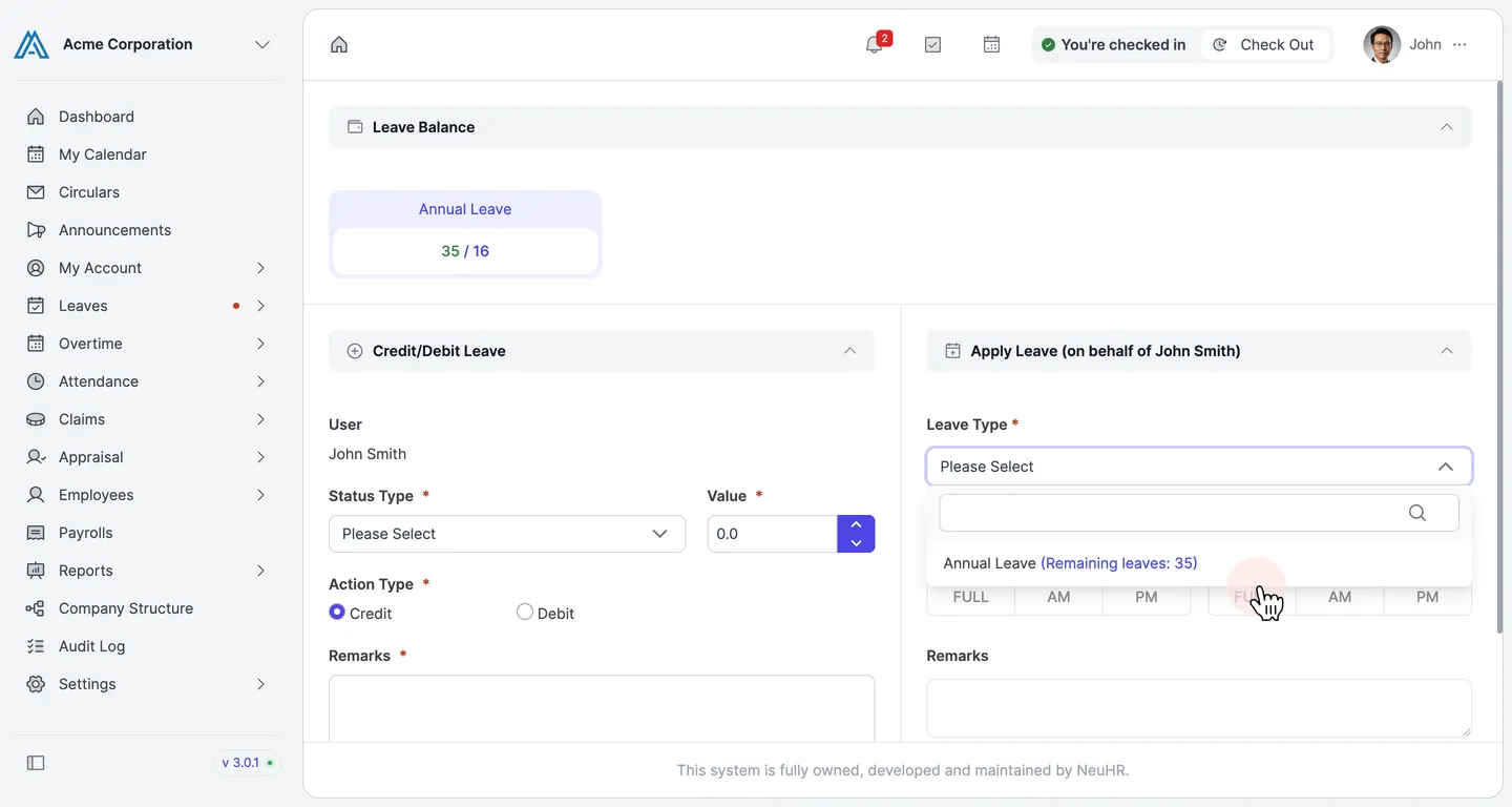 Leave Type dropdown open with Annual Leave option highlighted