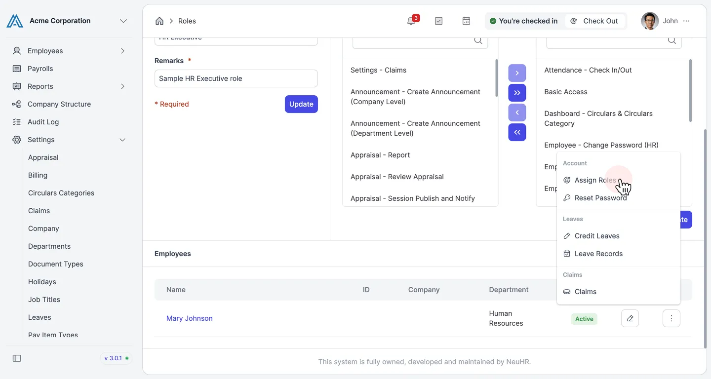 Action dropdown showing Assign Roles, Reset Password, Credit Leaves, Leave Records, and Claims options